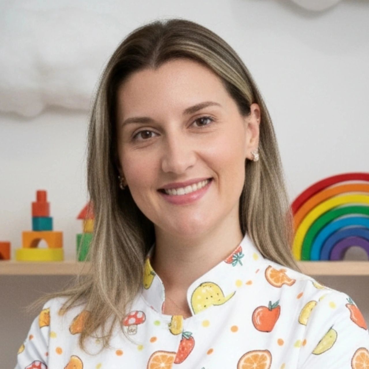 Cristiane Fundão, nutricionista infantil, sorrindo em seu consultório